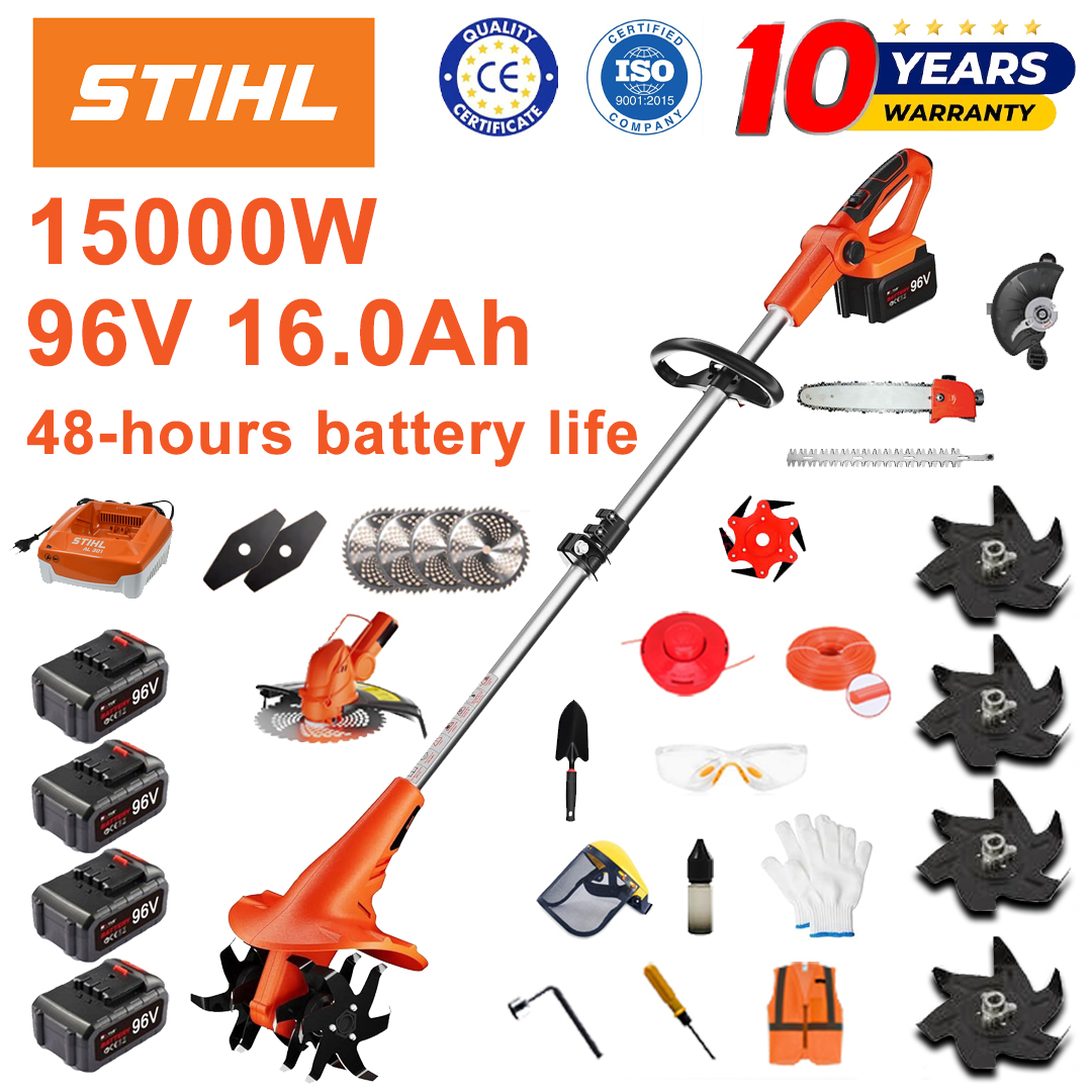 (Výdrž baterie 48 hodin) Pluh 15 000 W + lithiová baterie 96 V 16,0 Ah *4 + strunná hlava *1 + pila *1 + hlava nůžků na živý plot *1 + rychlonabíječka *1 + lopata *1 + rovný nůž *2 + pluhové nože *4 + pilový kotouč z lehkých slitin *1 + řezací nůž *1 + řezací lano *1 + různé příslušenství